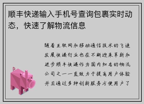 顺丰快递输入手机号查询包裹实时动态，快速了解物流信息